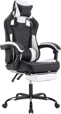 Ergonomic Gaming Chair with Massage and Footrest High Back Leather Computer Chair with Adjustable Headrest Lumbar and Back Support 360° Rotation and 300LBS Capacity (Black+White)