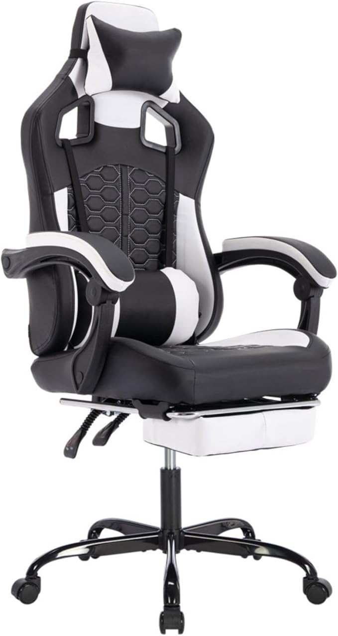 Ergonomic Gaming Chair with Massage and Footrest High Back Leather Computer Chair with Adjustable Headrest Lumbar and Back Support 360° Rotation and 300LBS Capacity (Black+White)