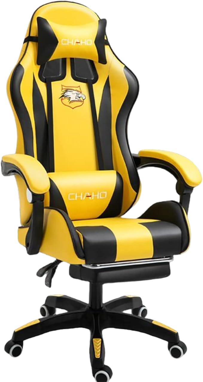 Gaming Chair Computer Chair with Footrest and Lumbar Support Height Adjustable Game Chair with 360°-Swivel Seat and Headrest and for Office or Gaming (YellowLatex Style)