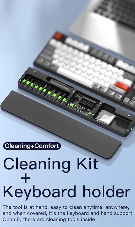 Ergonomic Keyboard Wrist Rest with 22-in-1 Cleaning Kit Non-Slip Base Springy Sponge Support for Work and Gaming BlackDeeply Cleaning for KeyboardLensCharging PortEarbudand etc.