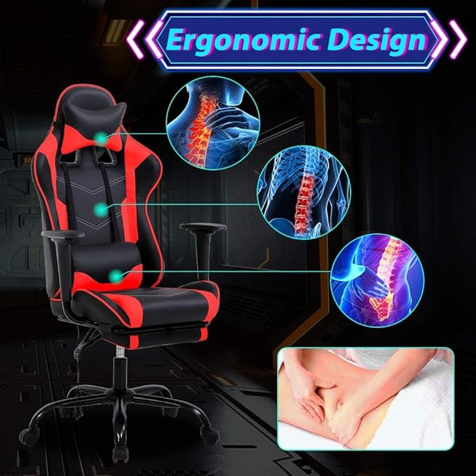 Gaming Chair With Footrest and Massage Lumbar Support Height Adjustable High Back Reclining Computer Chair for Adults - 360-Swivel Red
