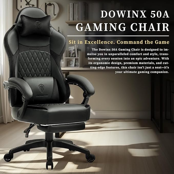 Dowinx 665TE0A Gaming Chair with Pocket Spring Cushion Ergonomic Computer Chair with Massage Lumbar and Footrest for Adults High Back Game Chair Leather for Office Gaming 300LBS