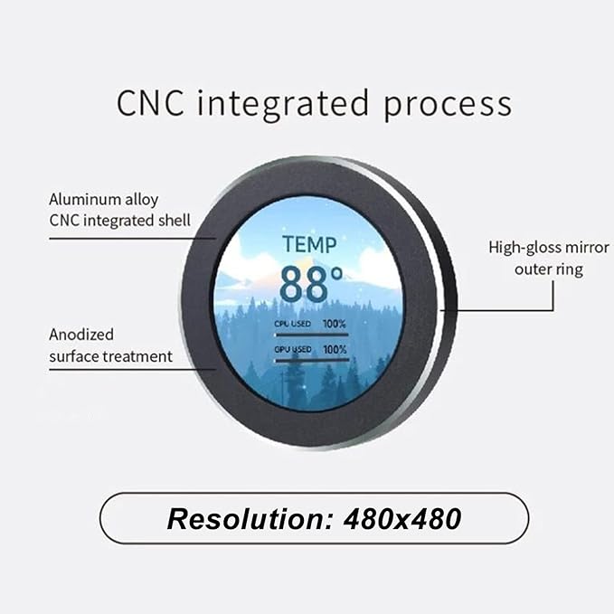 Liquid Cooler LCD Screen - 2.1in Round Secondary Computer Screen 480x480 Watercooler Screen Multi Functional for Desktop Chassis