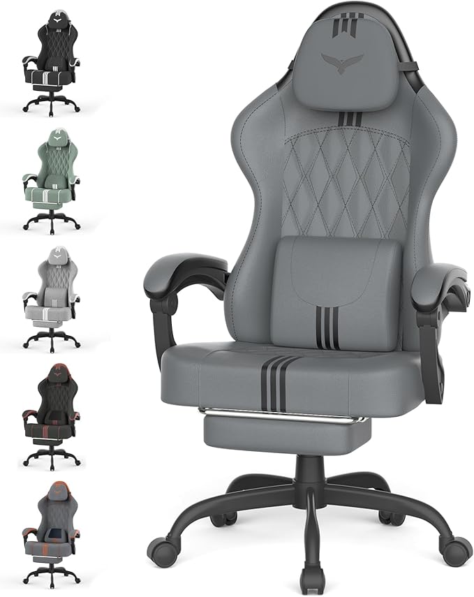 Ferghana PU Leather Gaming Chair with Wider Seat Cushion Diamond Double-Stitching Ergonomic High Back Game Chair with Footrest Computer Chair with Massage Lumbar Support for Adult Gray/Black