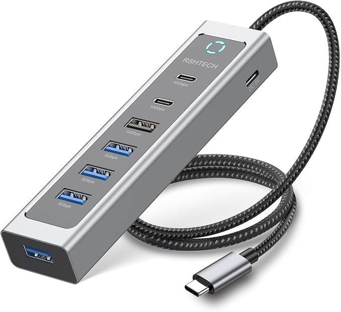 RSHTECH 7-Port USB C Hub Splitter 10Gbps with 3 USB-3.2 (2C + 1A) 4 USB-3.0 Ports and 2ft Long Cable Aluminum USB-C Hub Multiport Adapters for Laptop and More RSH-T17C
