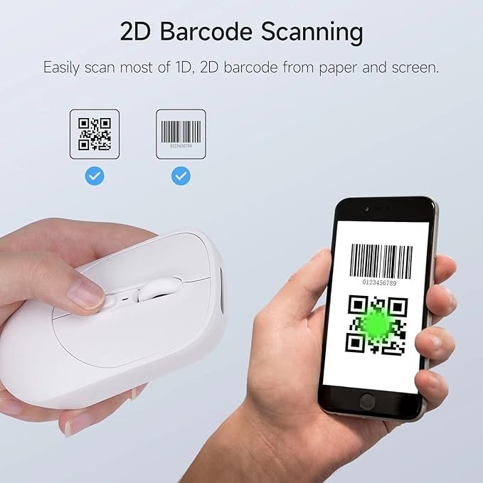 New Wireless Mouse Barcode Scanner 2-in-1 Design 2D Handheld Barcode Scanner with Wireless Mouse Functions for POS SystemStoreSupermarket Warehouse.(White)