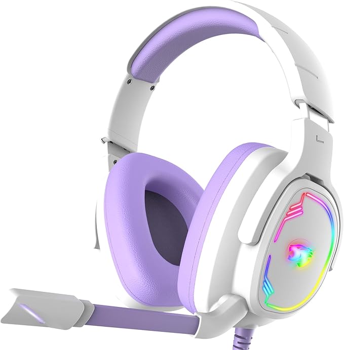 Gaming Headset for PC/PS4/PS5/Xbox One/Switch Stereo Surround Sound Gaming Headphones with Noise Canceling Flexible Mic Computer Headset with 3.5mm Jack &amp RGB Light (WhitePurple)