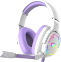 Gaming Headset for PC/PS4/PS5/Xbox One/Switch Stereo Surround Sound Gaming Headphones with Noise Canceling Flexible Mic Computer Headset with 3.5mm Jack &amp RGB Light (WhitePurple)