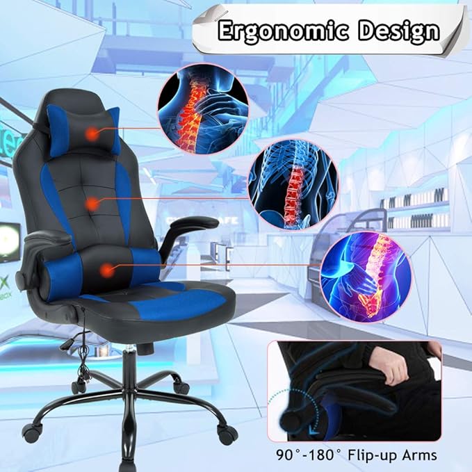 Massage Gaming Chair Ergonomic Office Chair High Back Desk Chair PU Leather Executive Chair with Lumbar Support Headrest Armrest PC Racing Computer Chair Task Rolling Swivel Chair Blue