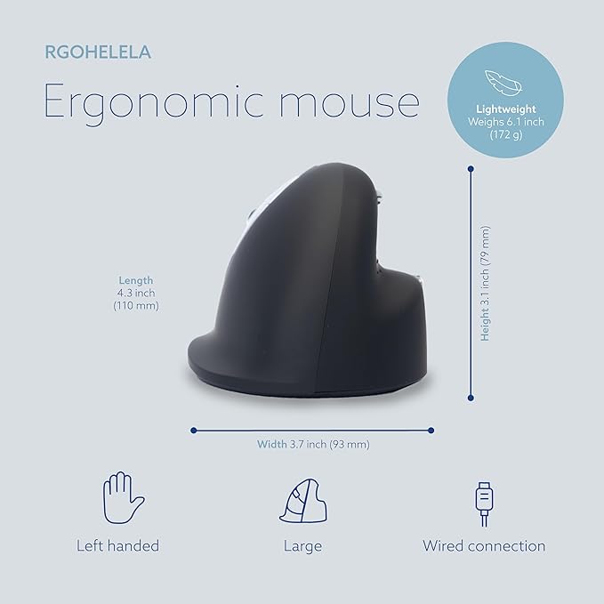 R-Go HE Vertical Ergonomic Mouse for Large Left-Handed with Break Software USB-C Wired Prevents Tennis Elbow/Mouse Arm RSI Silent Click 5 Buttons - Compatible Windows/MacOS Black/Silver