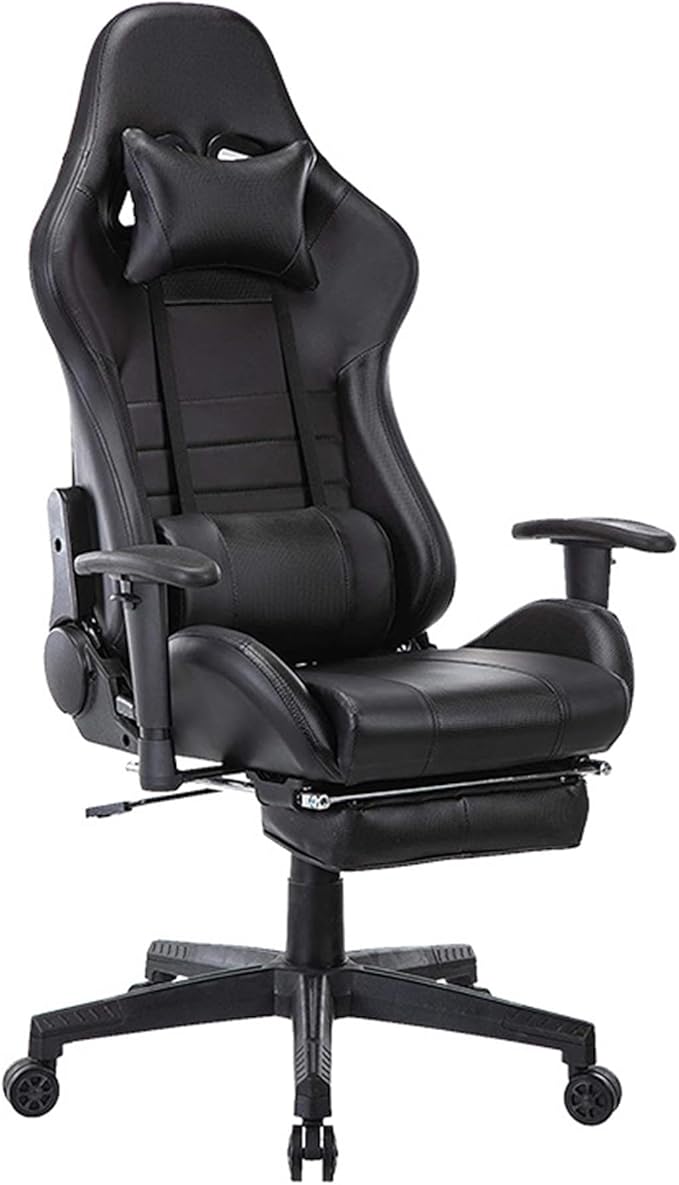 Ergonomic Gaming Chair Desk Chair Leather Computer Chair with Headrest and Lumbar Support Swivel Reclining Video Game Chair for AdultsBlackHeight 124134CM