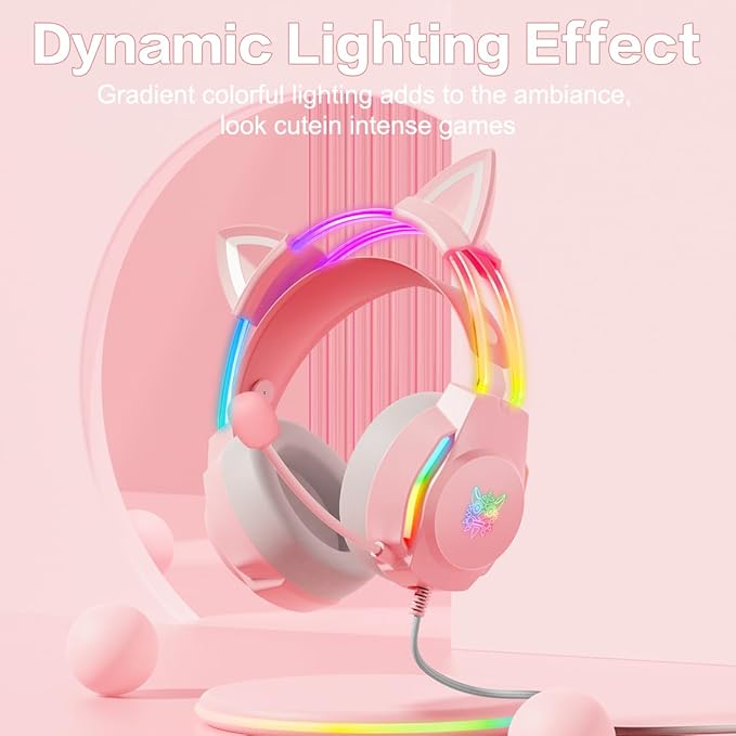 Gaming Headset with Microphone Cat Ear Headphones for PC Laptop PS4 PS5 Xbox Switch Rainbow RGB Lighting &amp Virtual Surround Sound 3.5mm Wired Over Ear Headphones Ergonomic