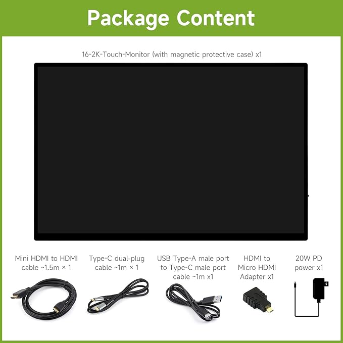 waveshare Luckfox 16inch 2K Portable Touch Monitor with Magnetic Protective Case 2560 × 1600 Resolution HDR 165Hz Refresh Rate IPS Panel Optical Bonding 10-Point Touch