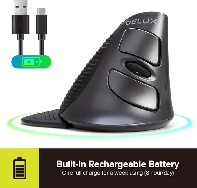 DELUX Ergonomic Vertical Mouse Wireless Rechargeable Vertical Mouse Bluetooth/2.4G Dual Mode Slient Click Removable Wrist Rest 800/1200/1600DPI Levels 6 Buttons for Laptop/PC (M618G DB-Black)