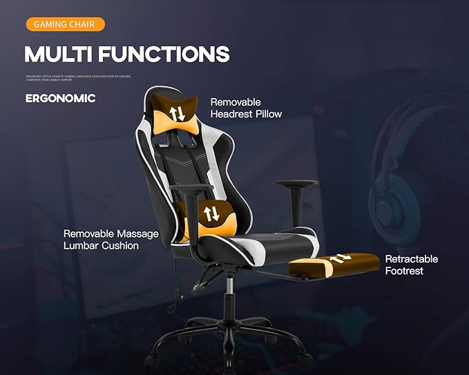 Massage Gaming Chair Ergonomic Computer Racing Style Office Chair Adjustable High Back Gamer Chair for Home Office with Footrest Headrest Lumbar SupportWhite