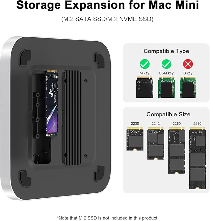 Qwiizlab Mac mini Hub with NVMe Enclosure Docking Stastion for Mac mini M2/M1 Mac Studio M4/M/3/M2/M1Type-C 10Gbps Card Readers 104MB/s HDMI 4K Fits M.2 SATA PCIe NVMe SSD (Silver)