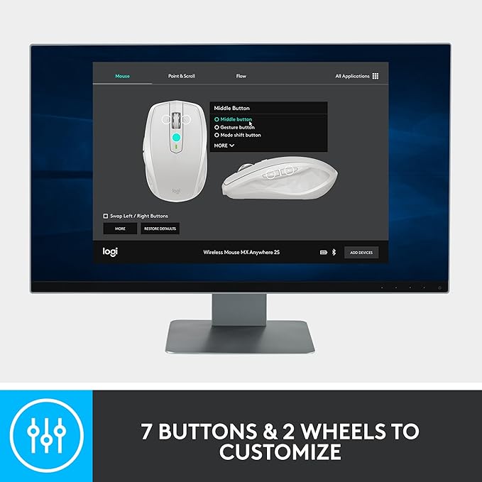 Logitech MX Anywhere 2S Bluetooth Edition Compact Wireless Mouse No USB Receiver - Use On Any Surface Hyper-Fast Scrolling Rechargeable Control Up to 3 Apple Mac and Windows Computers and Laptops