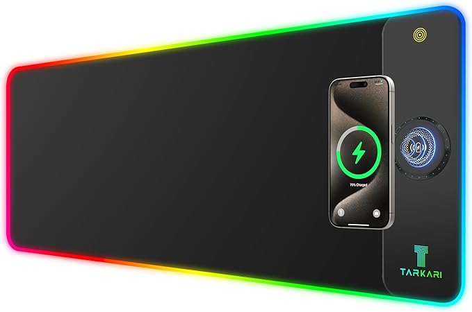 TARKARI Magnetic Wireless Charging RGB Mouse Pad Large Gaming Desk Mat 31.5x11.8 Waterproof Mousepad Ultra-Smooth Surface Non-Slip Rubber Base Desk Pad for Keyboard Laptop
