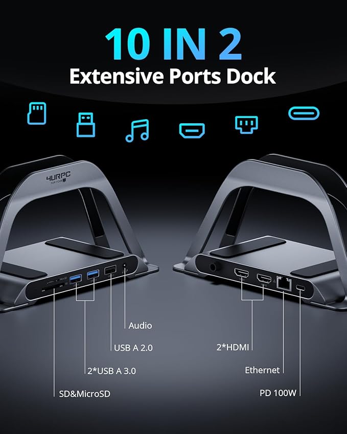 4URPC MacBook Pro Docking Station Dual Monitor 4K@60Hz with 100W Power Adapter USB C Docking Station Vertical Stand for MacBook Pro/Air with 2 HDMI USB 3.0 SD&ampmicroSD Ethernet Audio