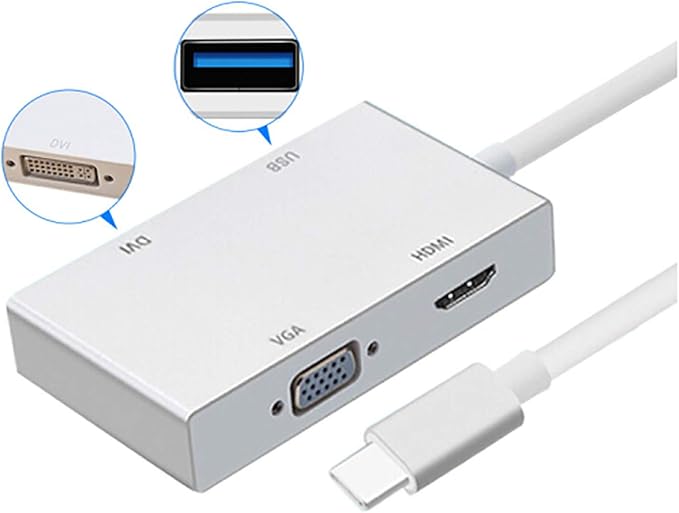 USB C to VGA HDMI DVI USB3.0 Adapter 4 in 1 USB3.1 Type-C Hub Male to Female Multi-Display Video Converter for Mac Pro MacBook Air iPad Pro XPS and More