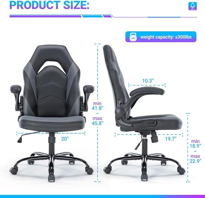 Heavy Duty Gaming Chair Ergonomic Gamer for Home Office with Lumbar Support Adjustable Backrest Flip-Up Armrest and Stable 360° Swivel Wheels for Adults Professional Gamers and Teens Black-Grey