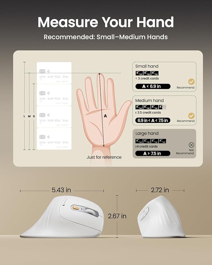ProtoArc Ergonomic Mouse EM11 NL Bluetooth Rechargeable Wireless Vertical Mouse 3 Multi-Device Connectivity for Computer/PC/Laptop 2.4GHz USB-A Optical Mice for Windows Mac OS White