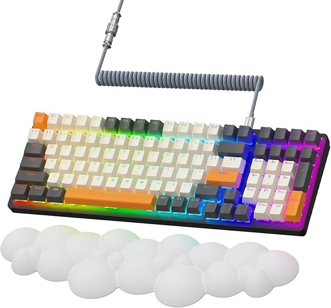 ATTACK SHARK Wireless Mechanical Keyboard 2.4G/USB-C/Bluetooth Hot Swappable 96% 100 Keys 4000mAh RGB Wrist Rest Clicky Blue Switches for PC Mac iPad