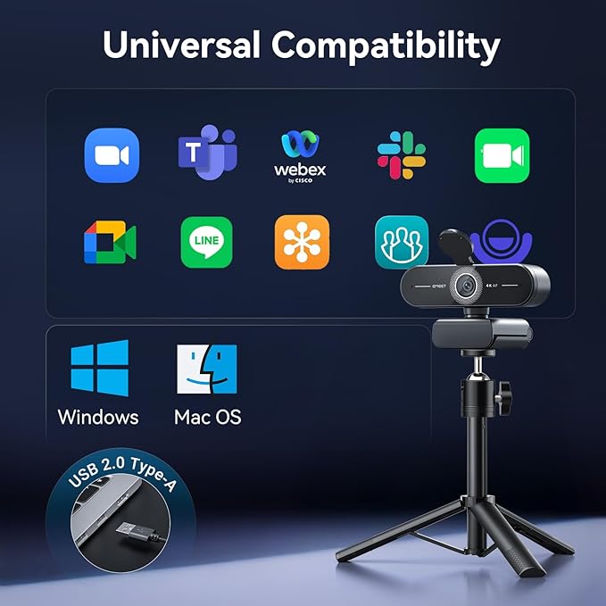 EMEET C60E 4K Webcam with Tripod Streaming Camera with PDAF Autofocus Dual Microphones Auto Light Correction 73° FOV Plug &amp Play USB Webcam for Live Streaming Gaming &amp Real-Time Interact
