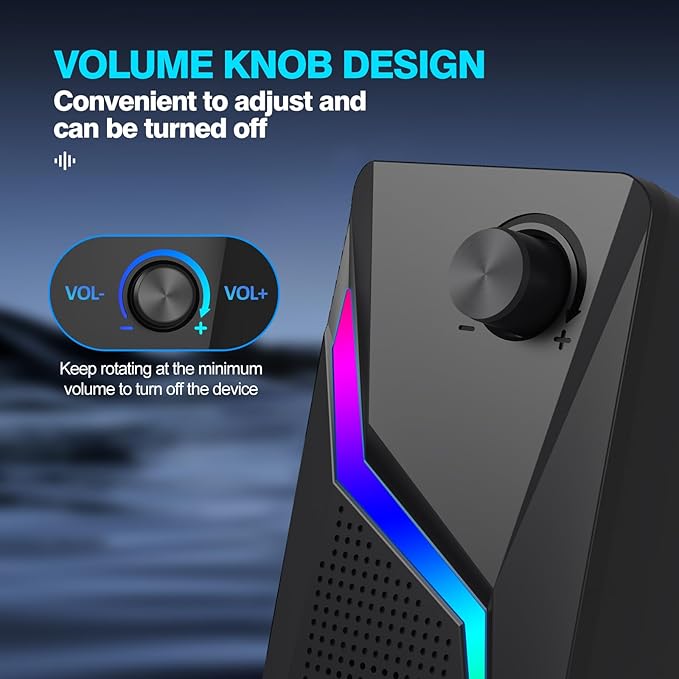Computer Speakers PC Speakers for Desktop with 6 Lighting Modes PC Gaming Accessories Stereo Sound Desktop Computer Speakers with 2 Bass-Boost Ports USB Powered 3.5mm AUX Cable
