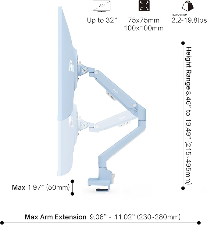 Pixio PXC248WAVE Blue 24 inch 200Hz Refresh Rate FHD 1080p Resolution 1500R Curve Fast VA Panel 1ms GTG Response Time HDR Curved Gaming Monitor and PS1S Wave Blue Single Monitor Arm - Fits up to 32 in