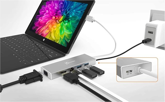j5create USB A Hub with HDMI VGA Ethernet + USB C to USB Type-A Adapter (JUD380 + JUCX15X2)