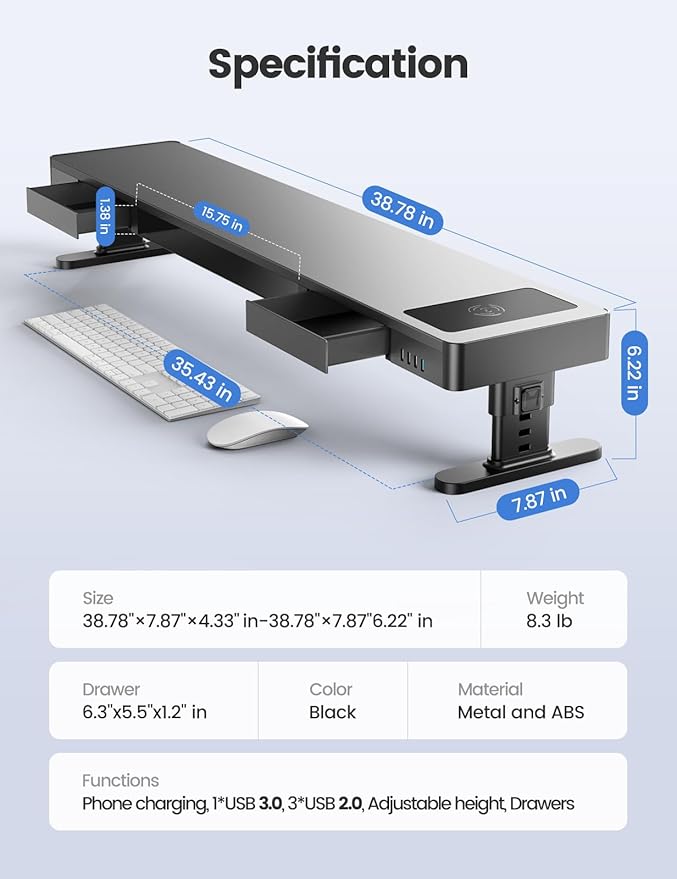 meatanty Dual Monitor Stand with 4 Adjustable Heights Auto Phone Charging Pad 4 USB Ports Computer Riser with Drawers Storage Metal Double Desk Organizer Lifter Raiser for 2 Monitors Screen Gift