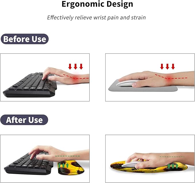 Sunflower Keyboard Wrist Rest+Mouse Pad with Wrist Support Gel+Coaster Set Ergonomic Design Enlarged Memory Foam Easy Typing Pain Relief Carpal Tunnel Cushion Kit for Computer Laptop Home Office