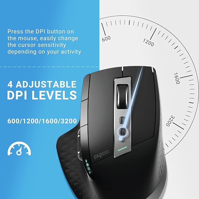 Rapoo Bluetooth Wireless Mouse 4 Adjustable DPI Rechargeable Multi-Device (3 Bluetooth+USB) Programmable Ergonomic Mouse with Side Roller Laser Mouse for Laptop Desktop PC