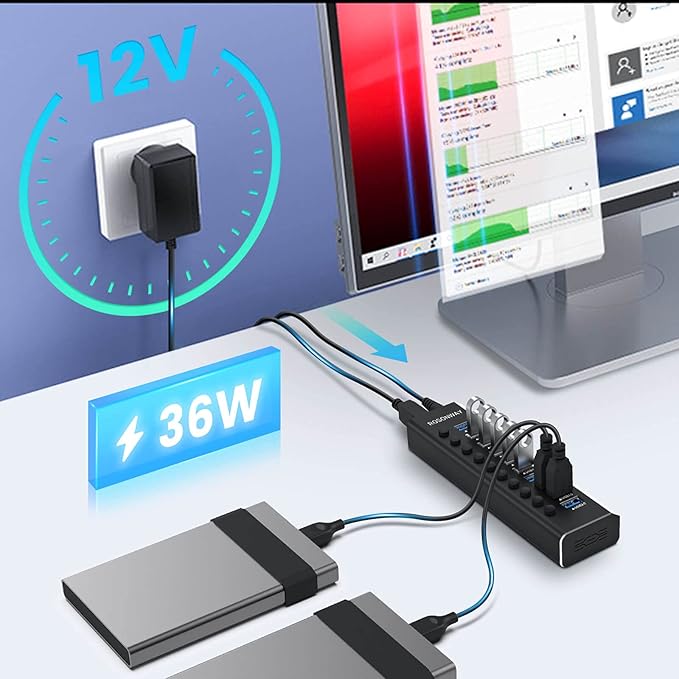 Powered USB Hub Rosonway Aluminum 10 Port USB 3.0 Data Hub with 36W (12V/3A) Power Adapter and Individual On/Off Switches USB Splitter(RSH-A10) (Pack of 2)