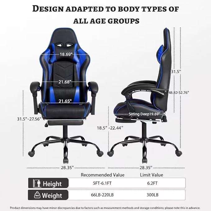 Modern High Back Gaming Chair PU Leather Computer Chair with Wheels Footrest Massage Lumbar Support Height Adjustable Swivel Game Chairs for Work or Home Office (Black Blue)