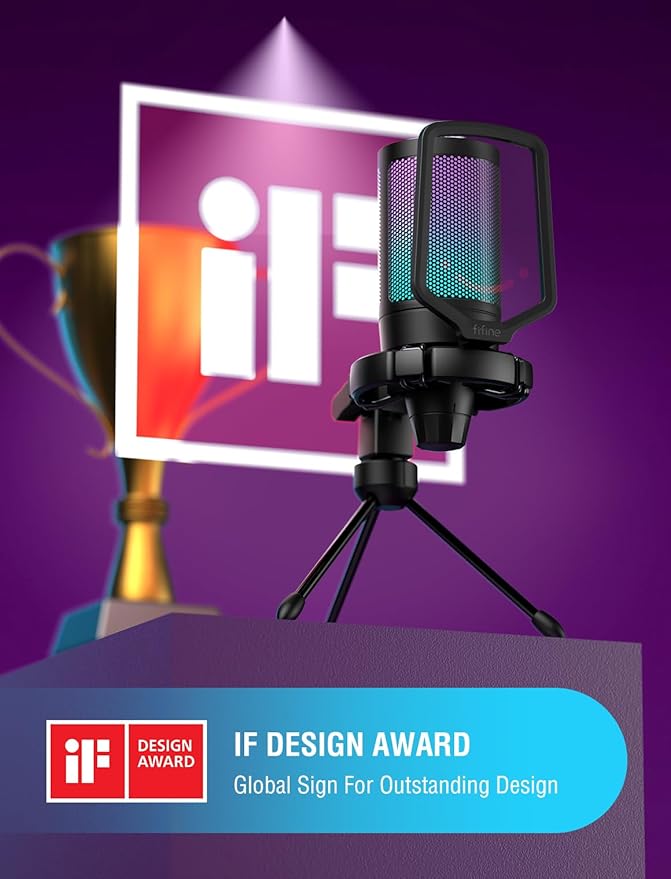 FIFINE Gaming USB Microphone for PC PS5 Condenser Mic with Quick Mute RGB Indicator Tripod Stand Pop Filter Shock Mount Gain Control for Streaming Discord Twitch Podcasts Videos- AmpliGame
