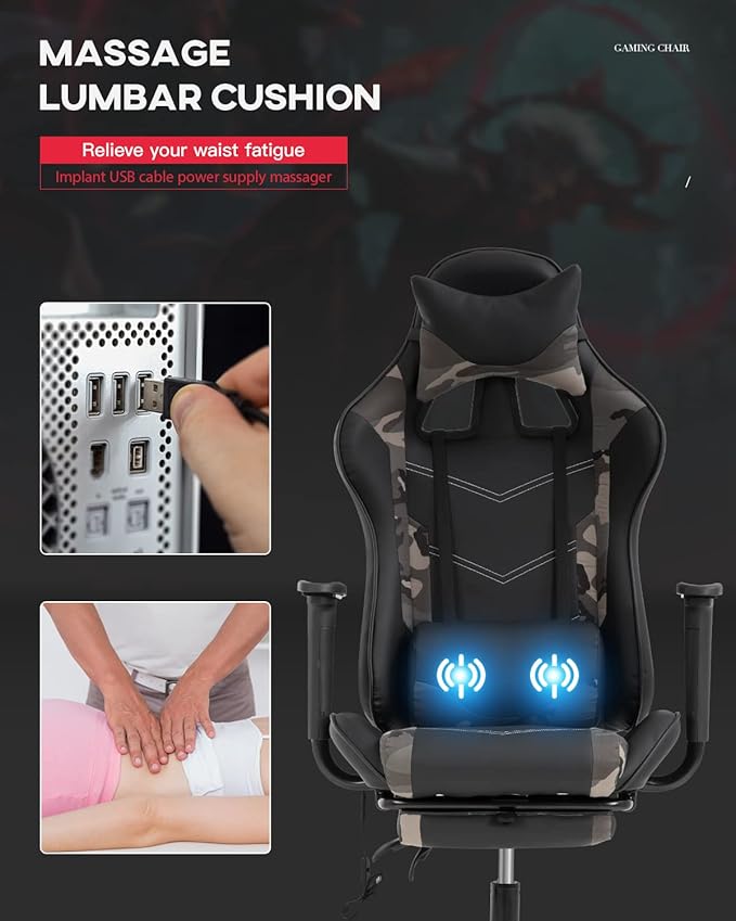 Ergonomic Gaming Chair PU Leather Massage Gaming Chair with Footrest/Armrest/Lumbar Support for Adults Gaming Work Study Racing Style Computer Chairs Big and Tall Gaming Chair