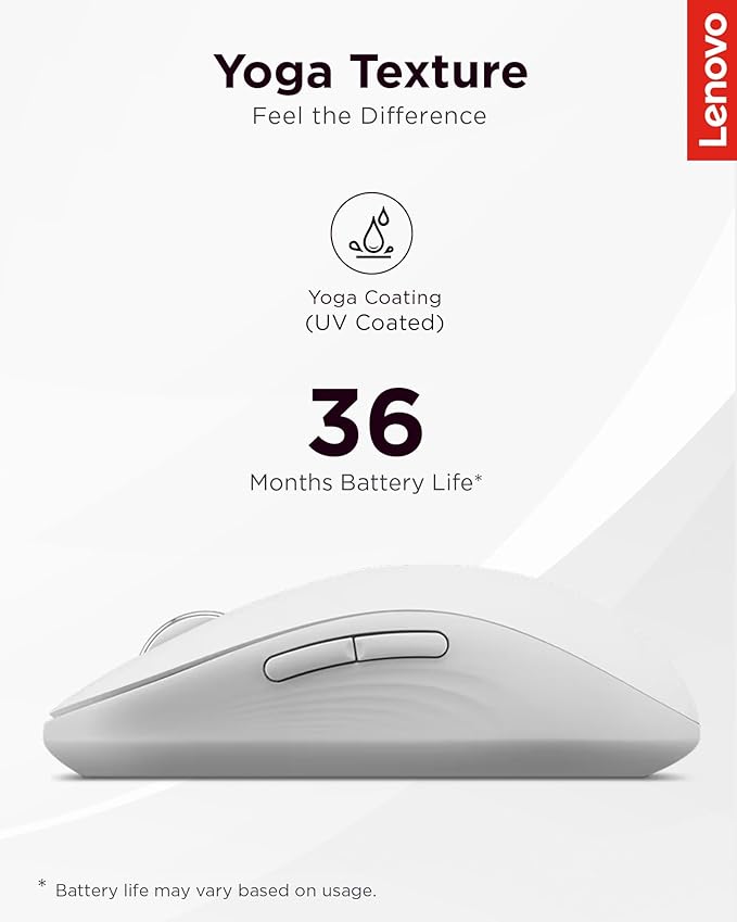Lenovo Yoga Bluetooth Silent Mouse 3 Level DPI Adjustment 36 Month Battery Life Bluetooth 5.3 3 Device Paring Whisper Quiet Programmable Buttons Smooth Finish Seashell