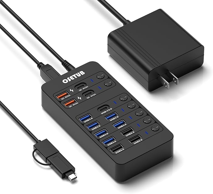 14-in-1 Powered USB Hub USB Data Hub w LED Individual On/Off Switches for MacBook/PC/Steam Deck &amp External HDDs 6 USB 3.03 USB 2.02 USB-A/C Charging1 USB-C 3.01x PD 60W1x Type-B for HDD Doc