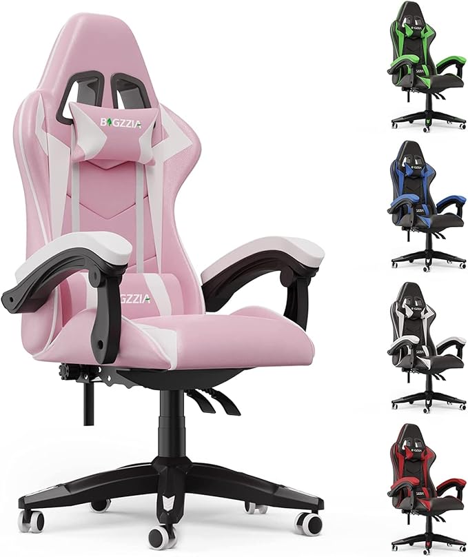 Bigzzia Gaming Chair Computer Game Chair with Lumbar Support Comfortable Video Game Chairs for Adults Kids Racing Style Gamer Chair with 360°-Swivel Seat and Headrest（Pink）