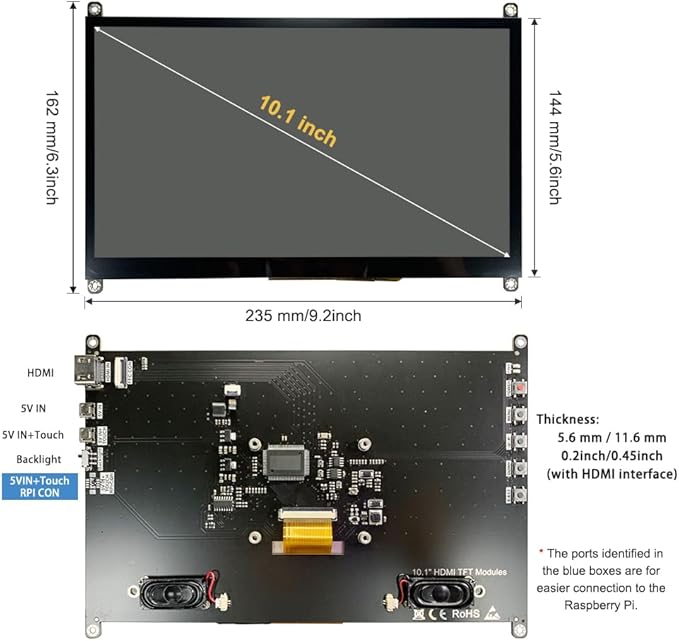 10 inch Monitor HDMI Touchscreen 10.1 inch Small Display LCD Smooth Responsive Touch Screen IPS 1024x600 Dual Speakers HDMI Input for Raspberry Pi 5 4 3 2 Zero B B+ Drive Free