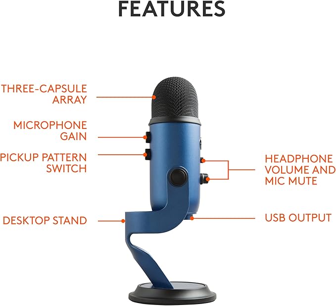 Logitech Creators Blue Yeti USB Microphone for PC Mac Gaming Streaming Podcasting Studio and Computer Condenser Mic with Blue VO!CE Effects 4 Pickup Patterns Plug and Play - Midnight Blue