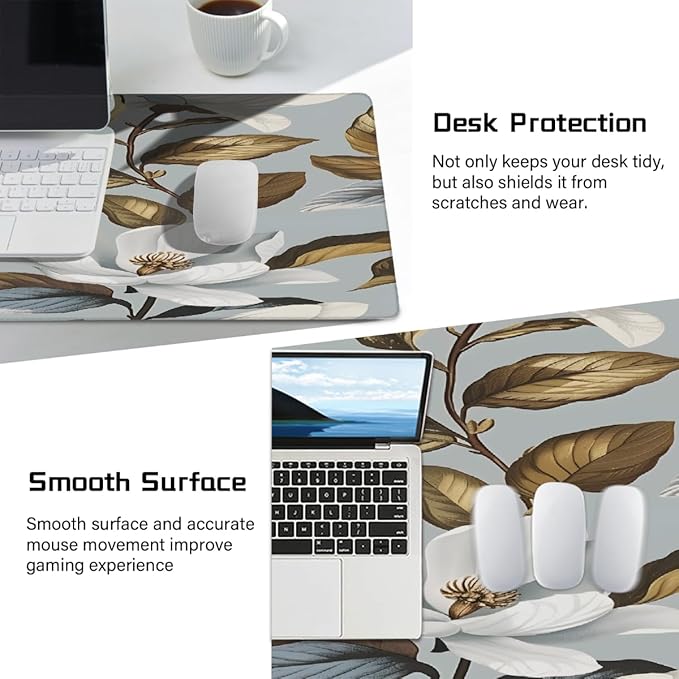 White Flower Brown Leaf Large Mouse Pad Gaming Mousepad Desk Mat for Desktop Computer Keyboard Waterproof Mouse Mat Desk Pad with Non-Slip Base for Game School Office Home 35.4 x 15.7