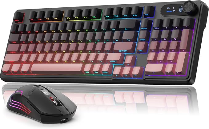 BlueFinger Wireless Gaming Keyboard and Mouse Combo RGB Backlit Tri-Mode Bluetooth/2.4G/USB-C Wired 98 Keys Quiet Keyboard with Number Pad Volume Knob &amp Screen 4800 DPI Mouse for PC/Mac/Lapto