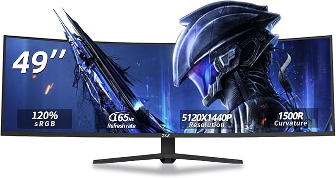 ZZA 49 Inch UltraWide Curved Gaming Monitor 5120×1440 DQHD 1500R 165Hz AMD FreeSync 120% sRGB Height Adjustable HDMI 2.1 &amp DP 1.4 VESA Mount – Black
