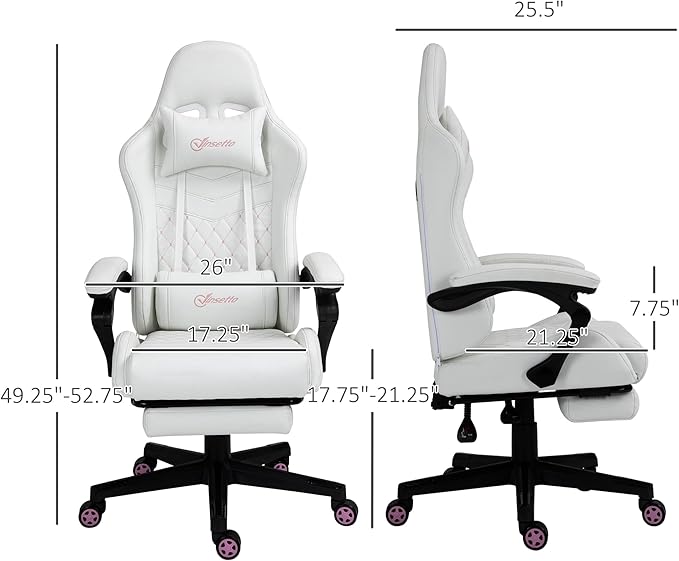 White Racing Gaming Chair Diamond with Footrest Headrest and Lumbar Support PU Leather Office Gamer Chair High Back Swivel Recliner Adjustable Height for Office or Gaming