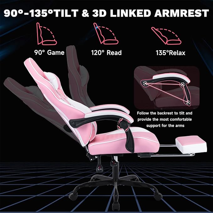 Gaming Desk Chair for Adults Ergonomic Gaming Chair with Footrest &amp Headrest and Lumbar Support Leather Material Height Adjustable Computer Video Game Chairs (Pink+White)