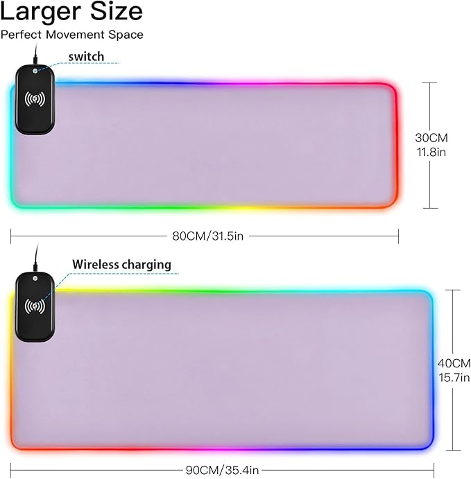 Light Purple Mouse Pad Gaming Mousepad Non Slip Desk Mat Wireless Charging RGB Computer Mouse Pads Keyboard Pad Mats for Office Home Desktop 35.4 x 15.7 in