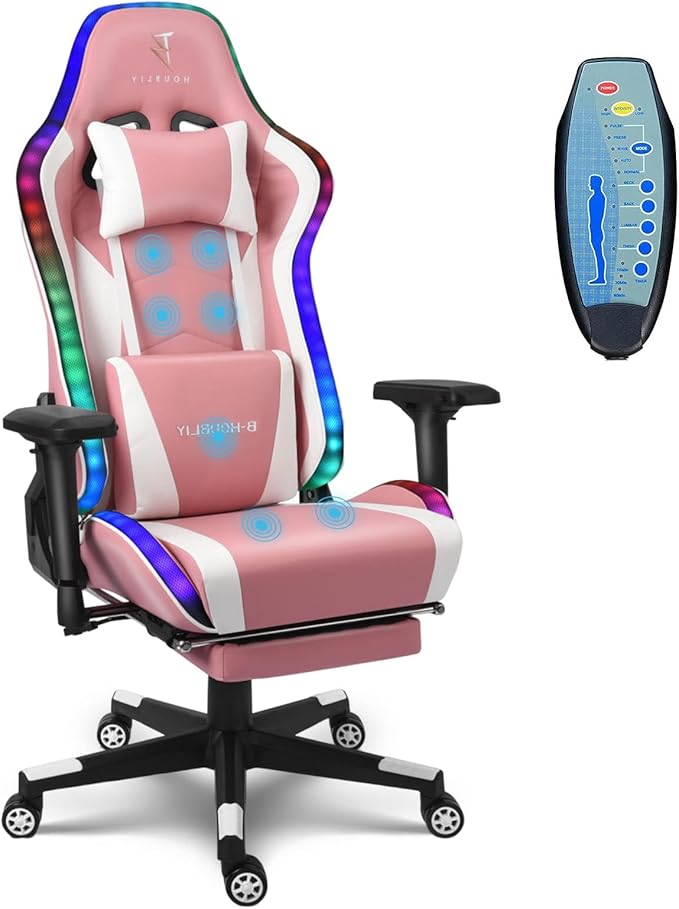Massage Gaming Chair with Footrest and Dual Speakers Gaming Chair with RGB LED LightRacing Computer Chair with Lumbar Support and Headrest for Adults Teens and KidsPink